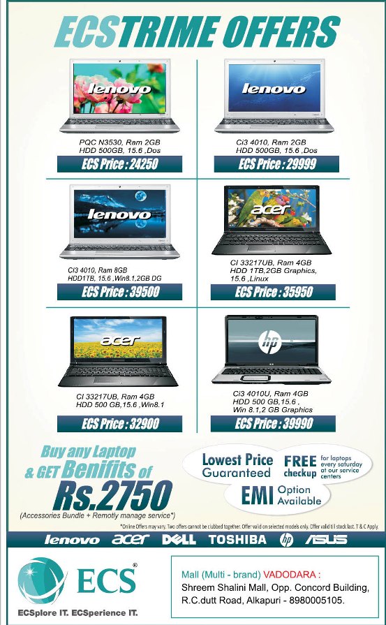 Lenovo -Acer -Dell -Toshiba -HP - Asus Laptops ECSTRIME Offers in ECS Mall at Vadodara