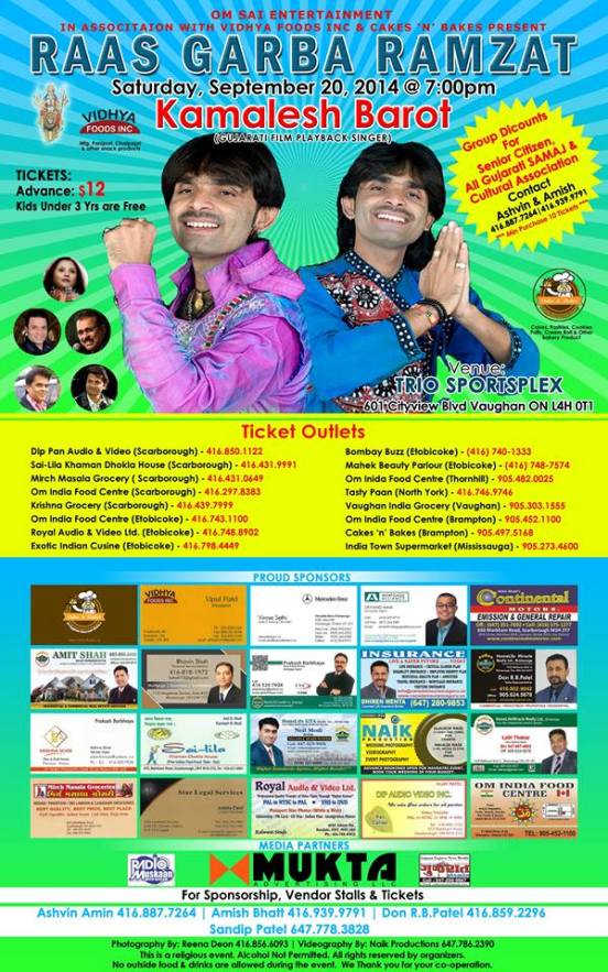 Gujarati Film Play Back Singer Kamlesh Barot Program Raas Garba Ramzat at Trio Sportsplex Canada on 20 September 2014